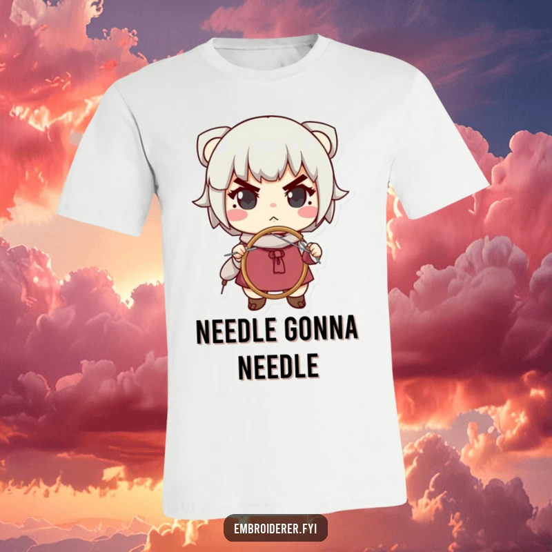 Funny t-shirt depicting a focused character hard at work with a needle and embroidery hoop, exuding determination and crafty humor.