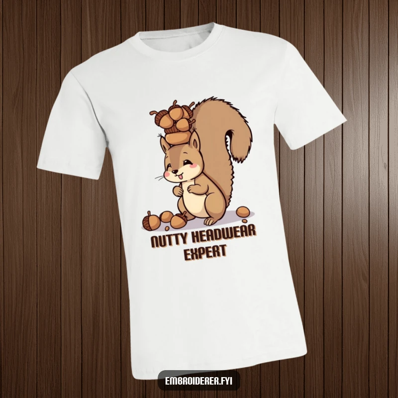Funny t-shirt featuring a squirrel skillfully balancing a tower of acorns on its head, celebrating ambition.
