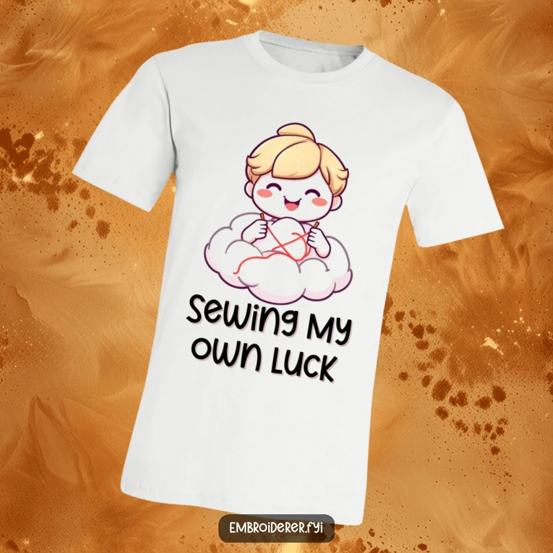 Funny smiling creator sewing a fluffy cloud on a t-shirt, symbolizing artistic imagination and gentle humor.