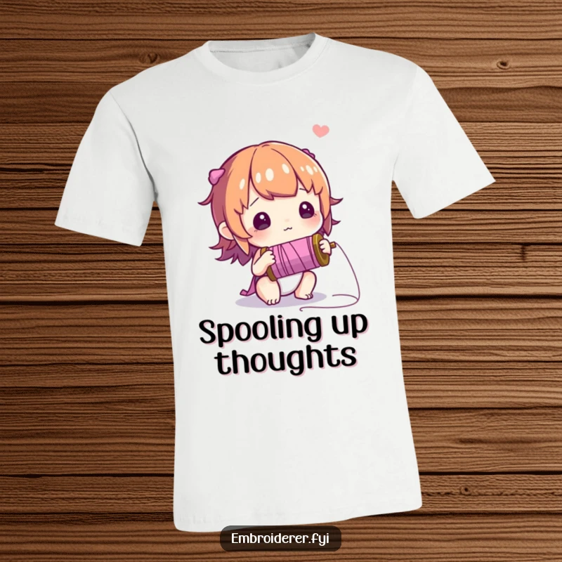 Funny t-shirt depicting a curious character examining a spool of thread with a sense of wonder and fascination.