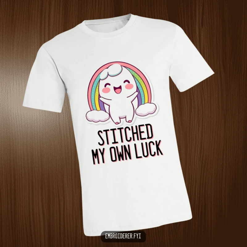 Funny t-shirt with a joyful character showing off a perfectly stitched miniature rainbow arc, celebrating creativity and vibrant colors.