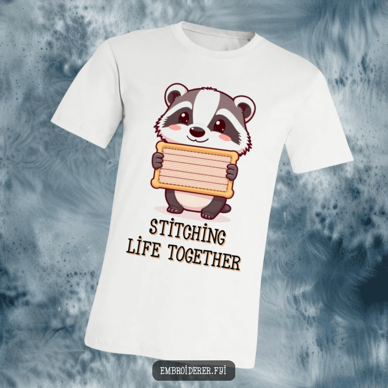 Funny Badger Stitch T-Shirt, a happy badger holding up a piece of beautiful needlework, humorous apparel for crafters.