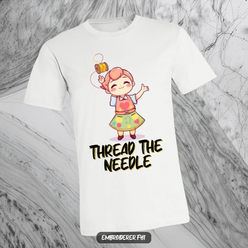 Funny character wearing an apron, playfully tossing a spool of thread in the air on a t-shirt.