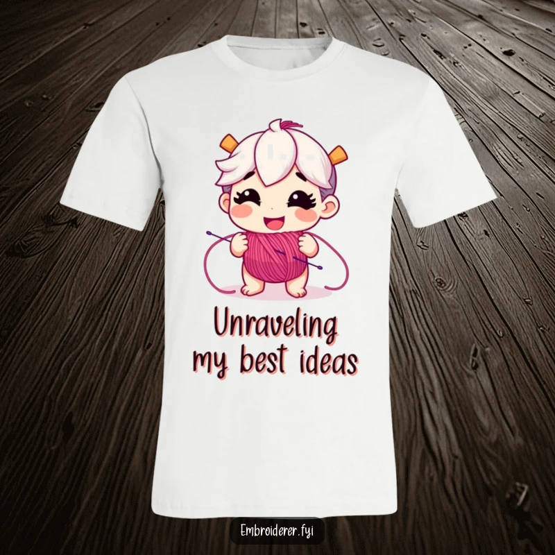 Funny t-shirt showcasing a cheerful character enthusiastically unspooling colorful embroidery floss, perfect for crafters.