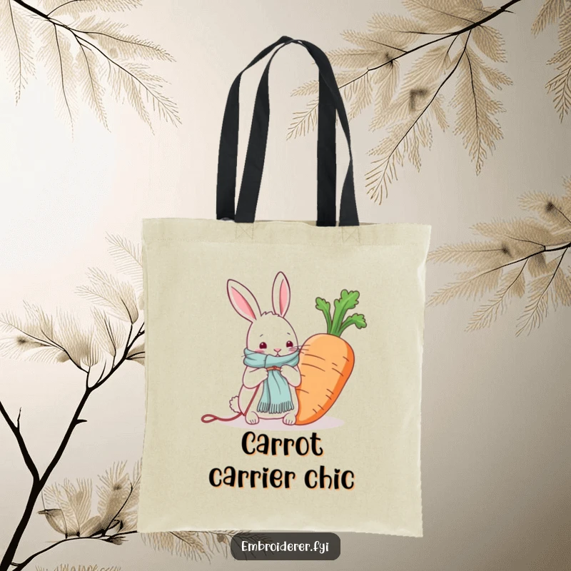 Funny tote bag featuring a rabbit knitting a scarf for a giant carrot, promoting crafting and garden themes.