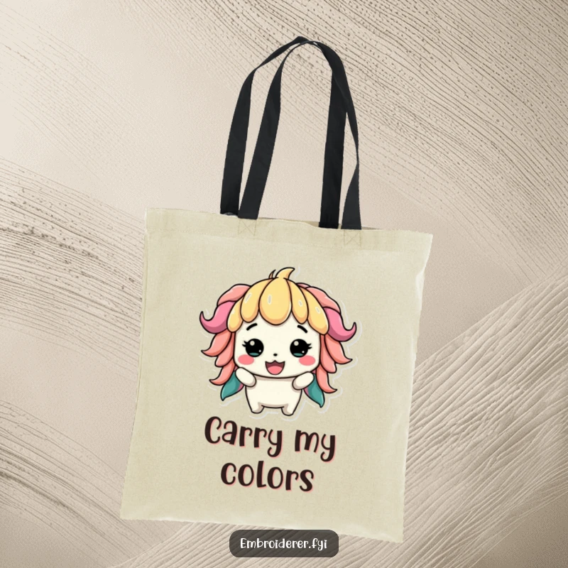 Funny tote bag featuring a proud character displaying a slightly lopsided but colorful creation, perfect for carrying craft supplies.