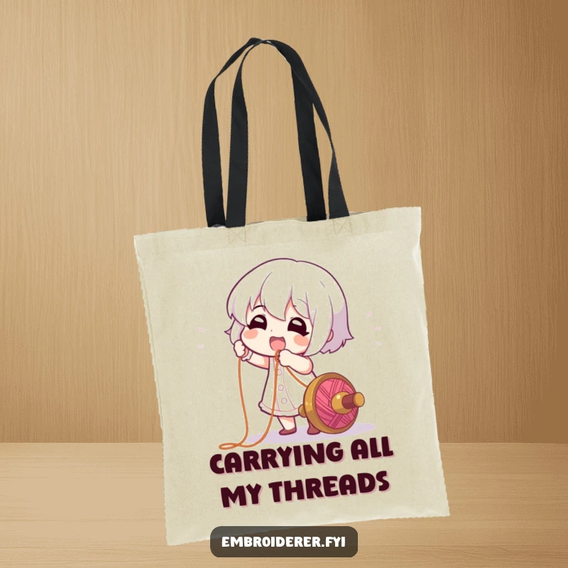 Funny Tote Bag: A character gleefully pulling a long, colorful thread from a spool, perfect for carrying craft supplies.