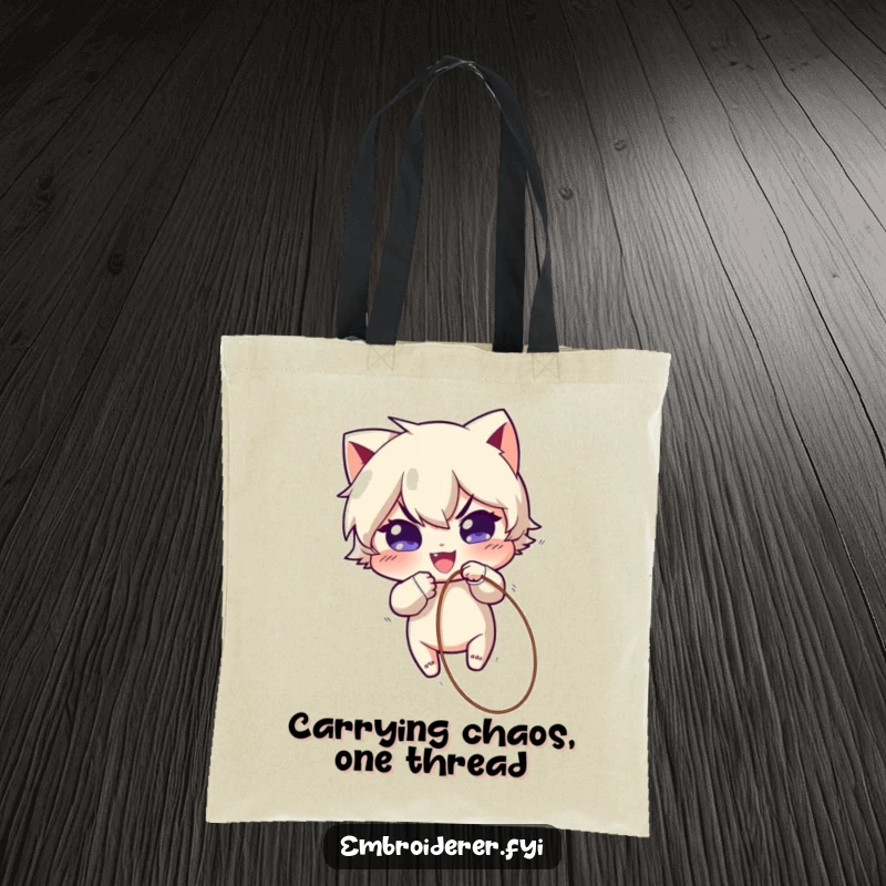 Funny Tote Bag: Mischievous character actively pulling a thread loose from fabric, perfect for carrying groceries with a humorous twist.