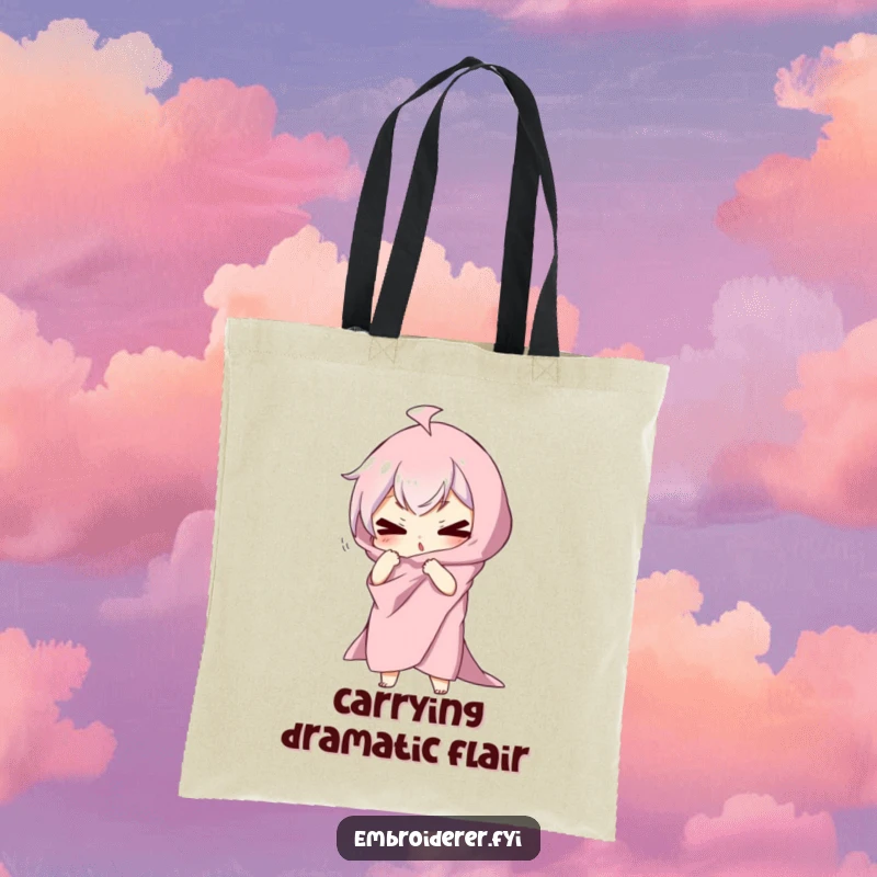 Funny tote bag featuring a character draped in fabric, striking a silly, dramatic pose, perfect for carrying daily items with theatrical flair.