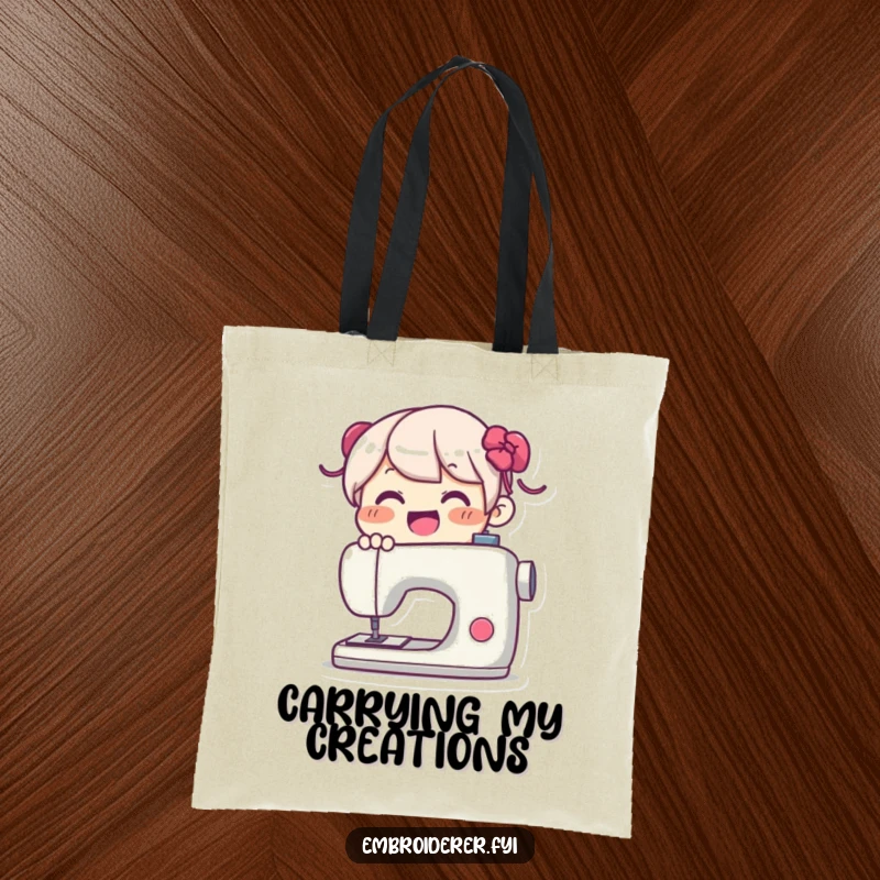 Funny Tote Bag: Joyful character operating a sewing machine with a happy expression, perfect for carrying sewing supplies.