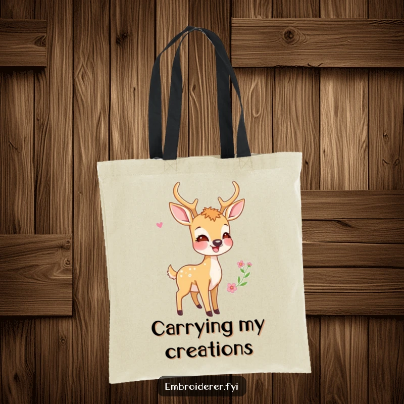 Funny tote bag showcasing a cheerful deer gazing admiringly at a beautifully finished, colorful embroidery project he just completed.