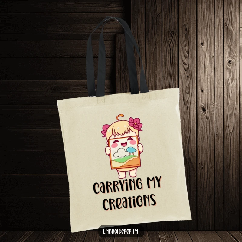 Funny tote bag with a joyful character proudly holding embroidered art, ideal for carrying crafting supplies and showcasing talent.