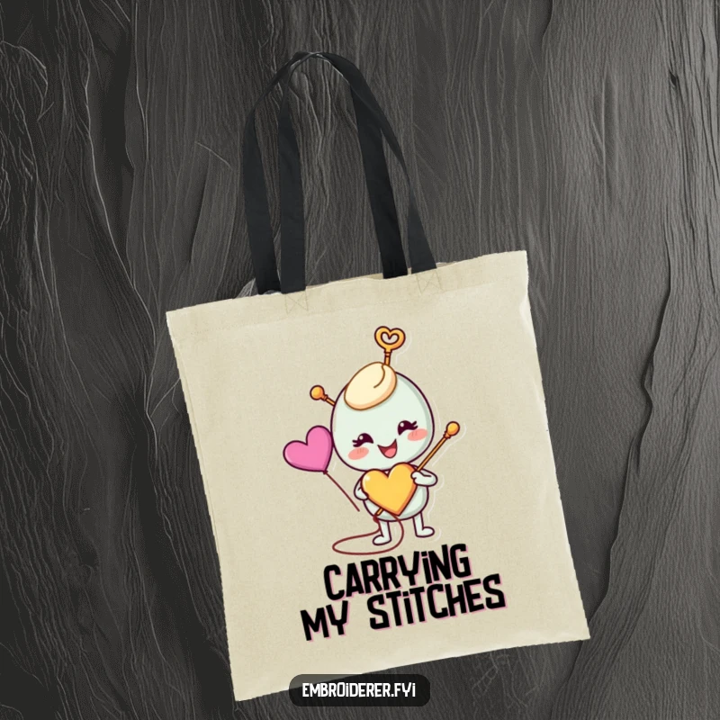 Funny anthropomorphic needle stitching a colorful heart on a tote bag, representing love for crafts and sewing, perfect for funny tote bag shoppers.