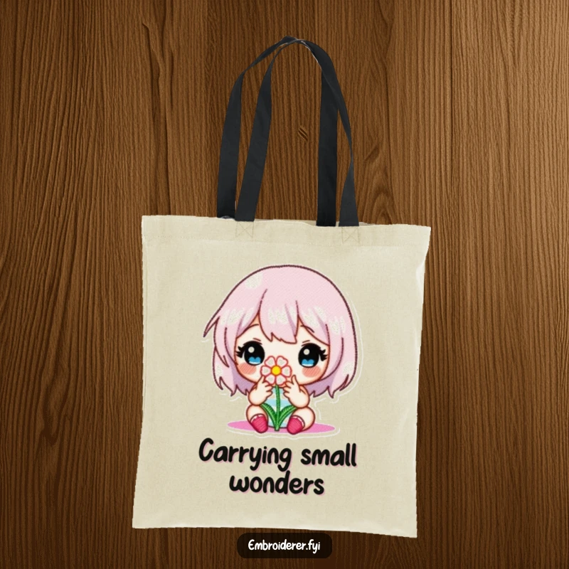 Funny tote bag with a focused character embroidering a tiny flower, perfect for carrying embroidery supplies with humor.