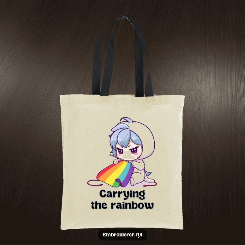 Funny Tote Bag: Character sewing a vibrant rainbow with a large needle, celebrating artistic endeavors.