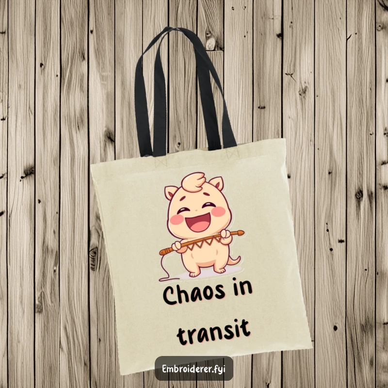 Funny tote bag with a laughing character creating a zig-zag stitch pattern, perfect for carrying craft supplies or daily items.