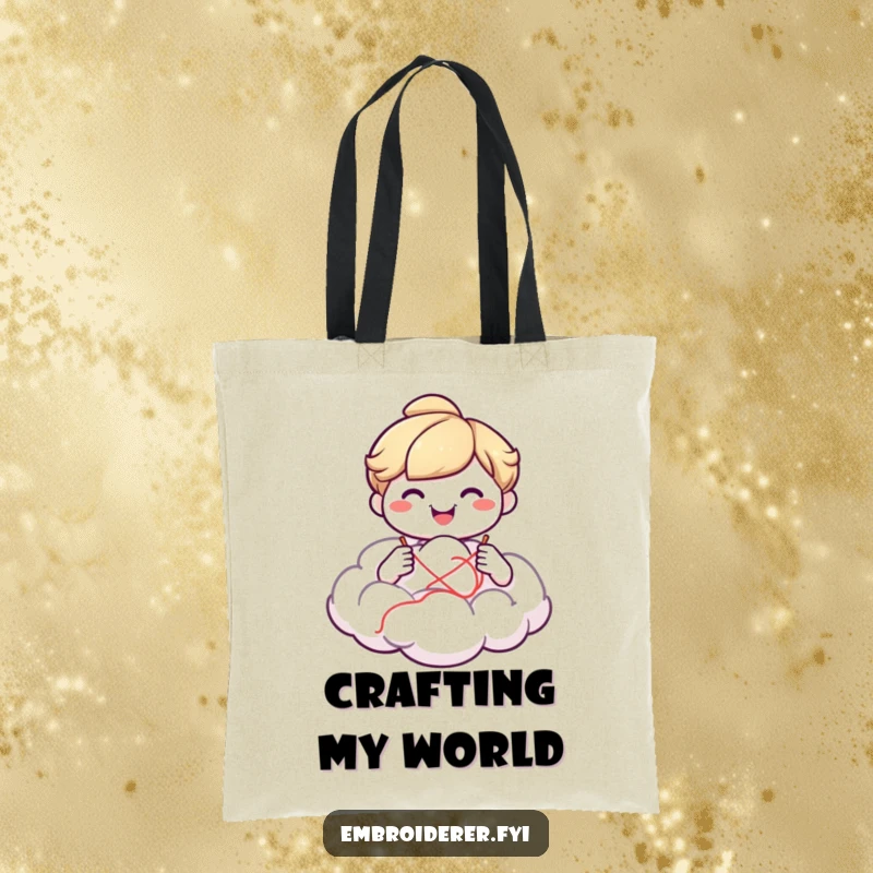 Funny smiling character sewing a fluffy cloud on a durable tote bag, promoting whimsical creation and artistic humor.
