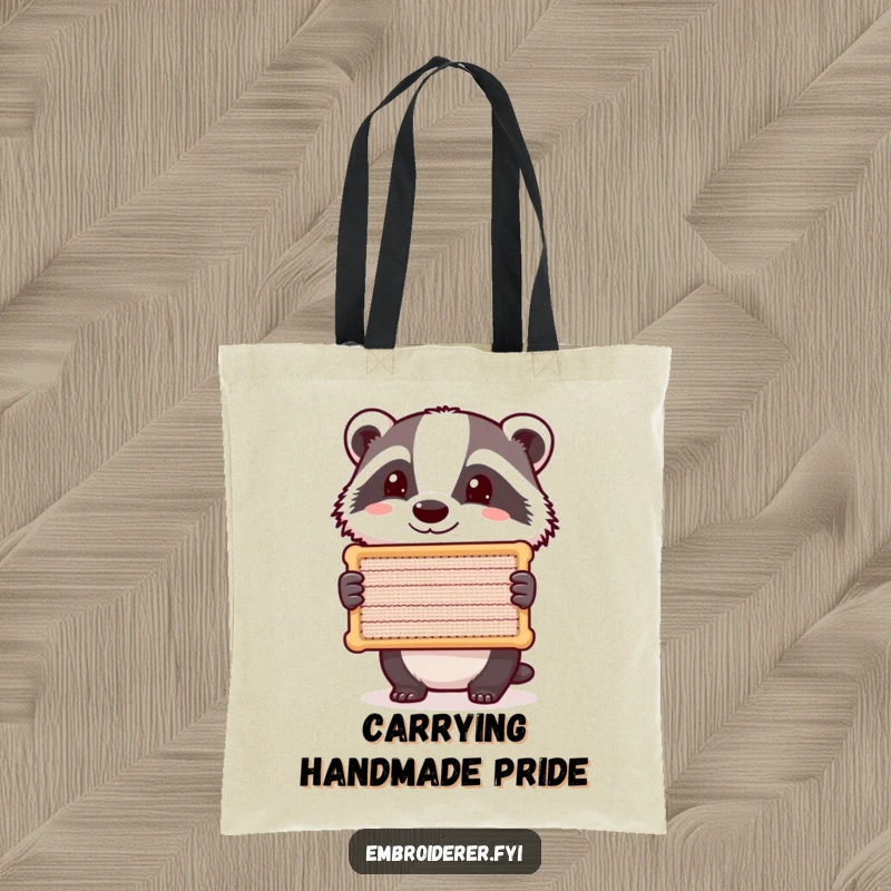 Funny Badger Stitch Tote Bag, a proud badger displaying a stitched piece, cute and humorous accessory for crafters.
