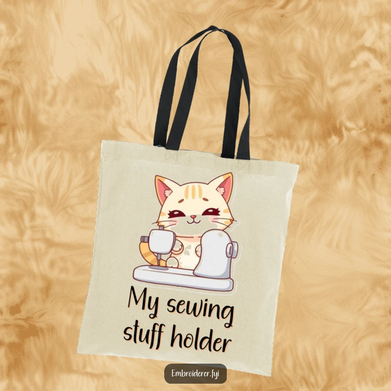 Funny tote bag with a determined cat operating a sewing machine, great for carrying supplies with a humorous, crafty vibe.