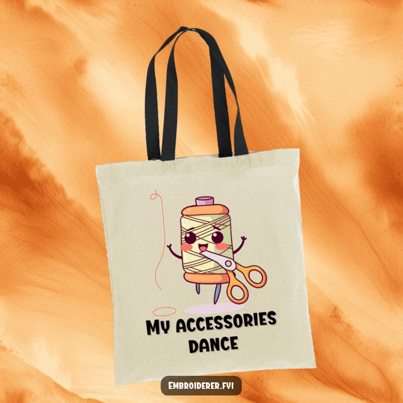 Funny anthropomorphic thread spool giggling and dancing with scissors on a tote bag, representing the playful spirit of sewing, perfect for funny tote bag shoppers.