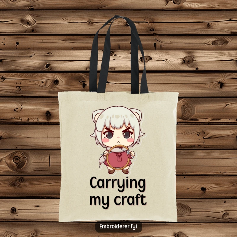Funny tote bag featuring a determined character engaged in needlepoint, symbolizing focus and a love for all things crafty and humorous.
