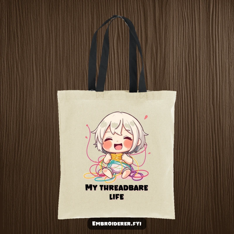 Funny tangled thread tote bag, illustrating a character giggling while playfully entangled in a colorful mess of embroidery threads.