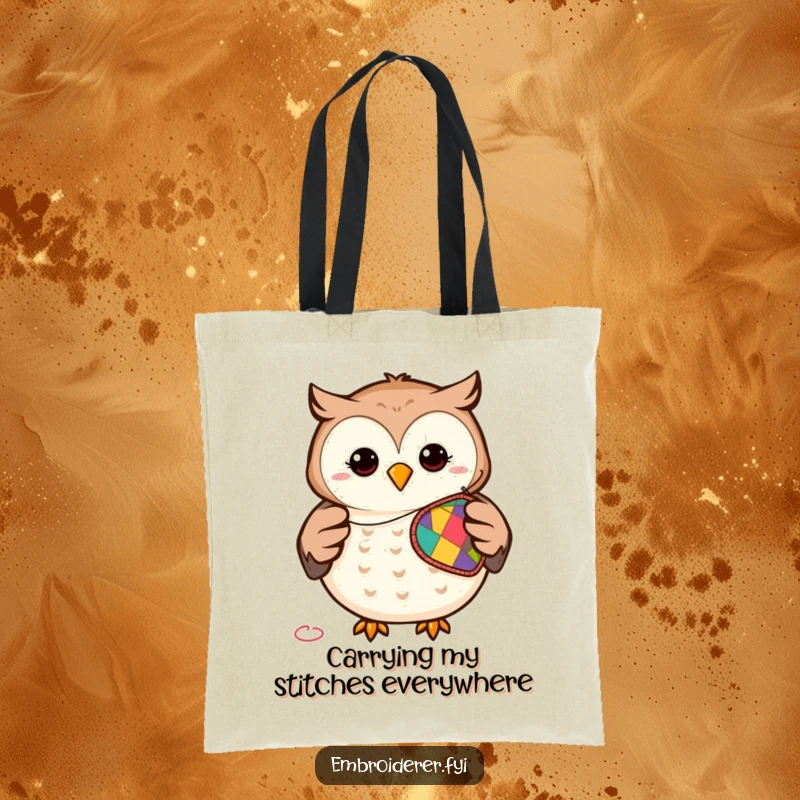 Funny tote bag displaying a smiling owl expertly stitching a bright patch, ideal for carrying craft supplies with humor.