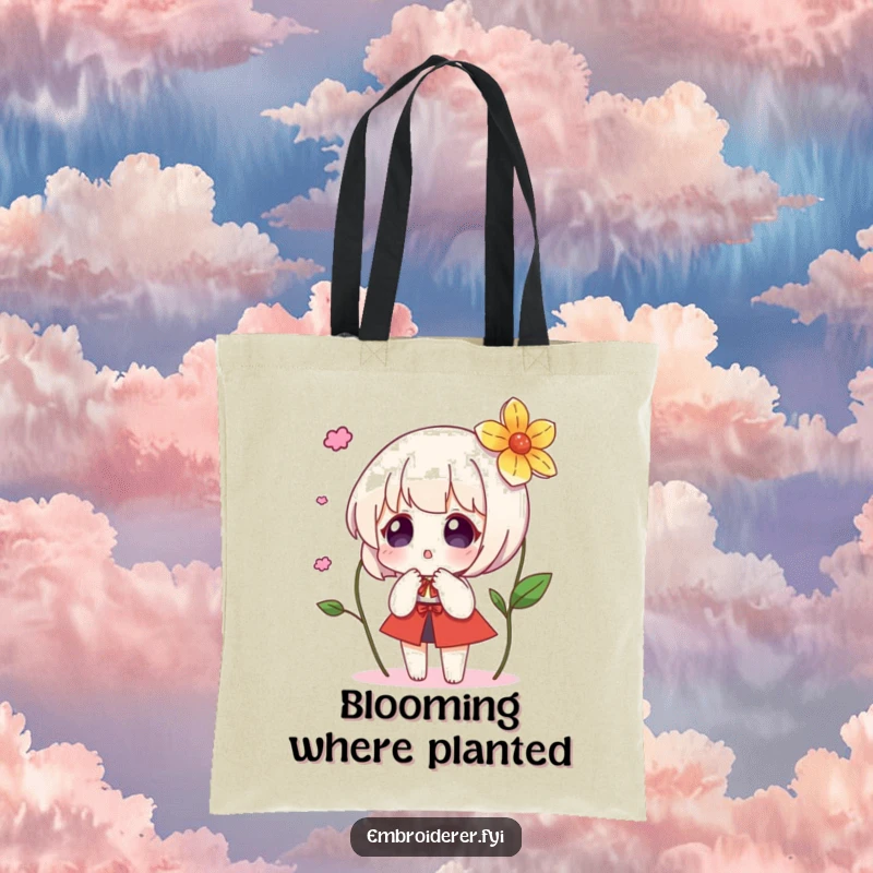 Funny tote bag capturing a character’s amazed expression as an embroidered flower materializes, perfect for stylishly carrying essentials.