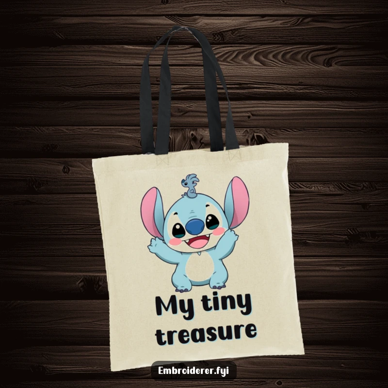 Funny tote bag featuring a delighted character holding up a ridiculously small stitch, perfect for carrying sewing supplies with crafting pride.