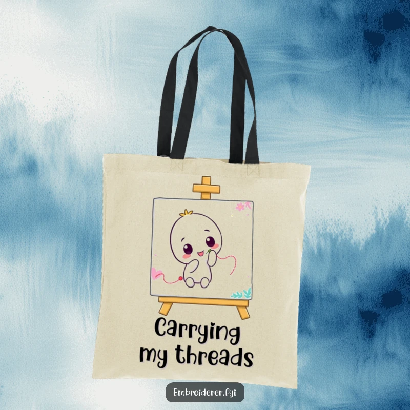 Funny tote bag with a character stitching a wiggly line on a canvas, perfect for carrying art supplies or daily items with a smile.