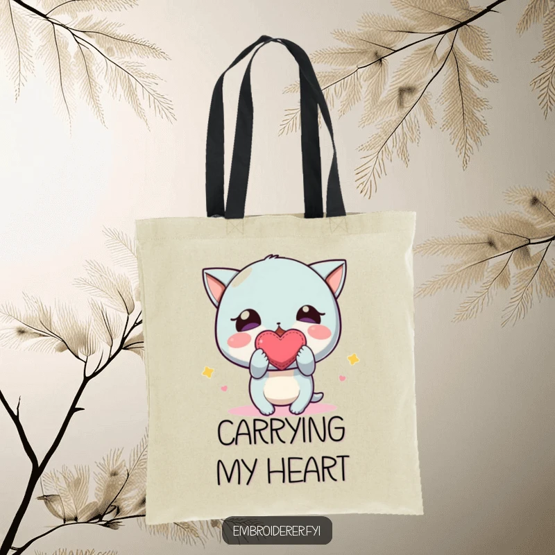 Funny Tote Bag: A character excitedly presenting a small, handcrafted embroidered heart with slightly uneven stitches, radiating love.