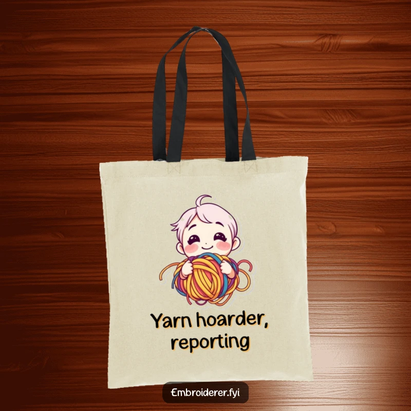 Funny yarn lover tote bag featuring a smiling character happily bewildered by tangled colorful yarn, great for yarn storage.