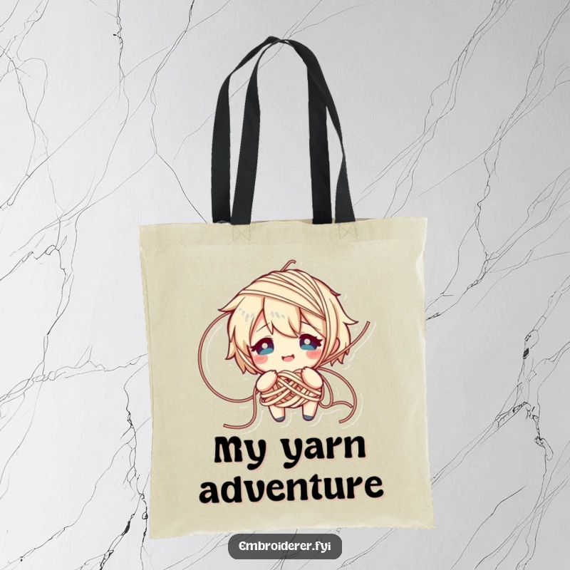Funny tote bag featuring a character comically tangled in yarn, looking flustered but smiling, ideal for carrying knitting supplies.