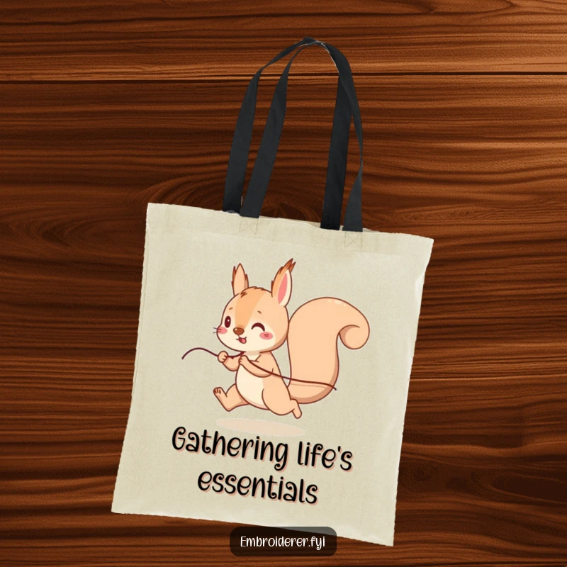 Funny Squirrel Thread Tote Bag, a playful squirrel running with a long strand of thread, cute and humorous accessory.