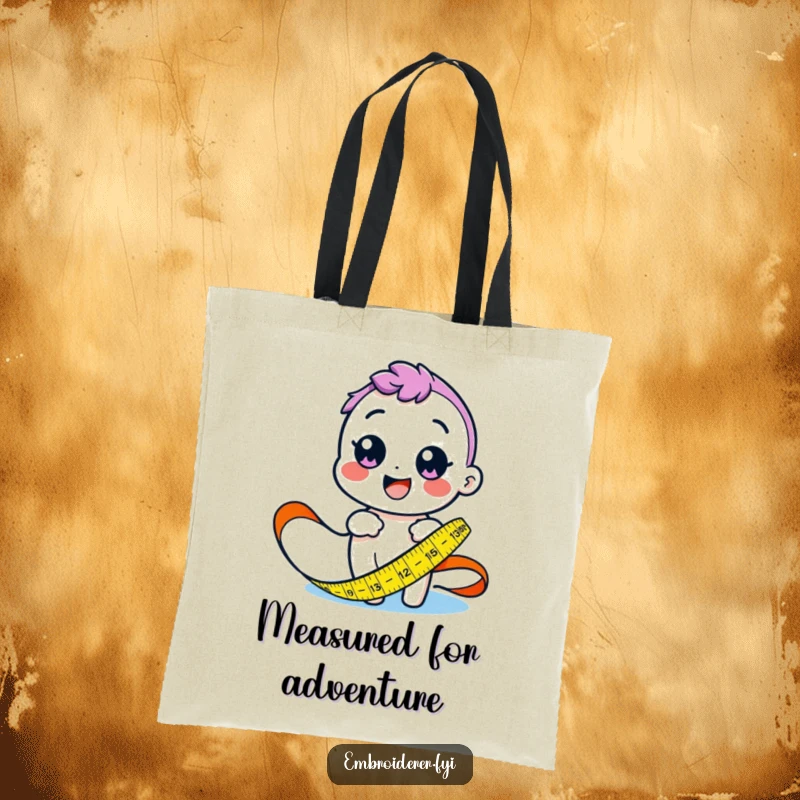 Funny tote bag with a happy character measuring fabric with a colorful tape measure, ideal for sewing supplies.
