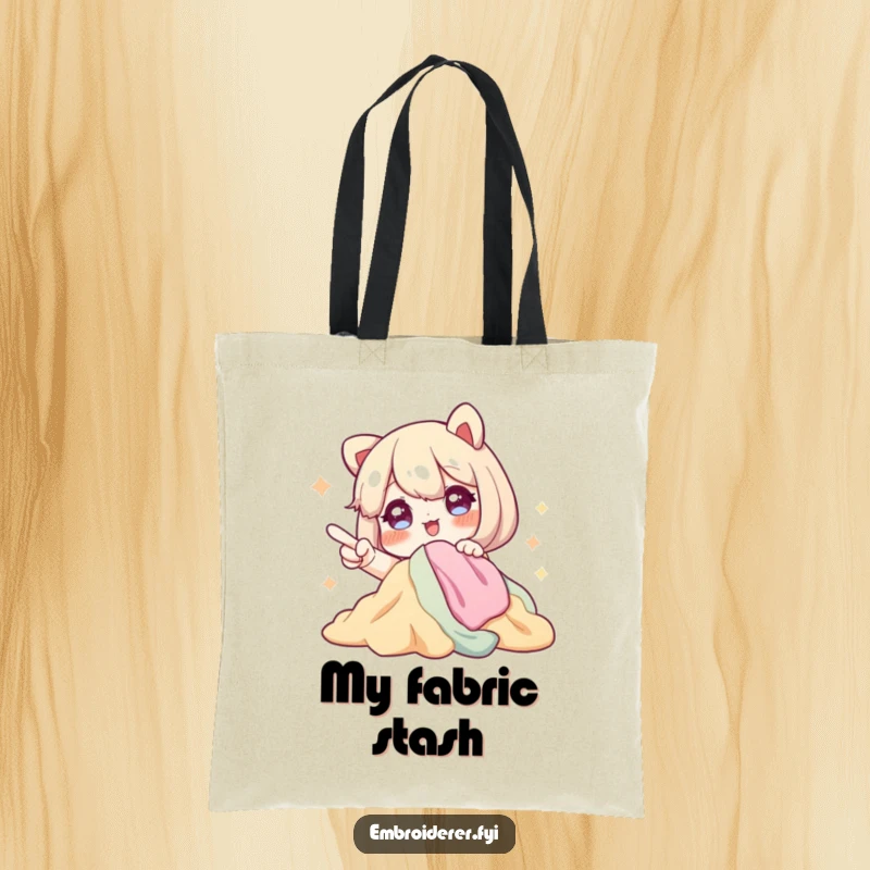Funny tote bag with a character sporting sparkling eyes, excitedly pointing at a pile of fabric, perfect for carrying sewing supplies.
