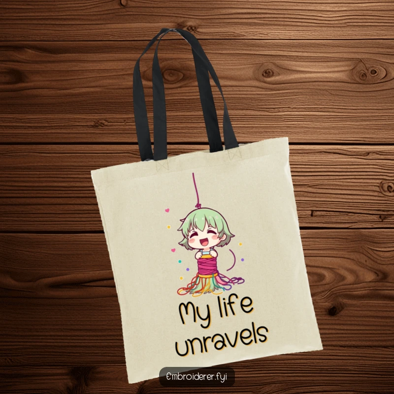 Funny tote bag showing a giggling character dropping a spool of thread, leading to a delightful and colorful cascade of yarn.