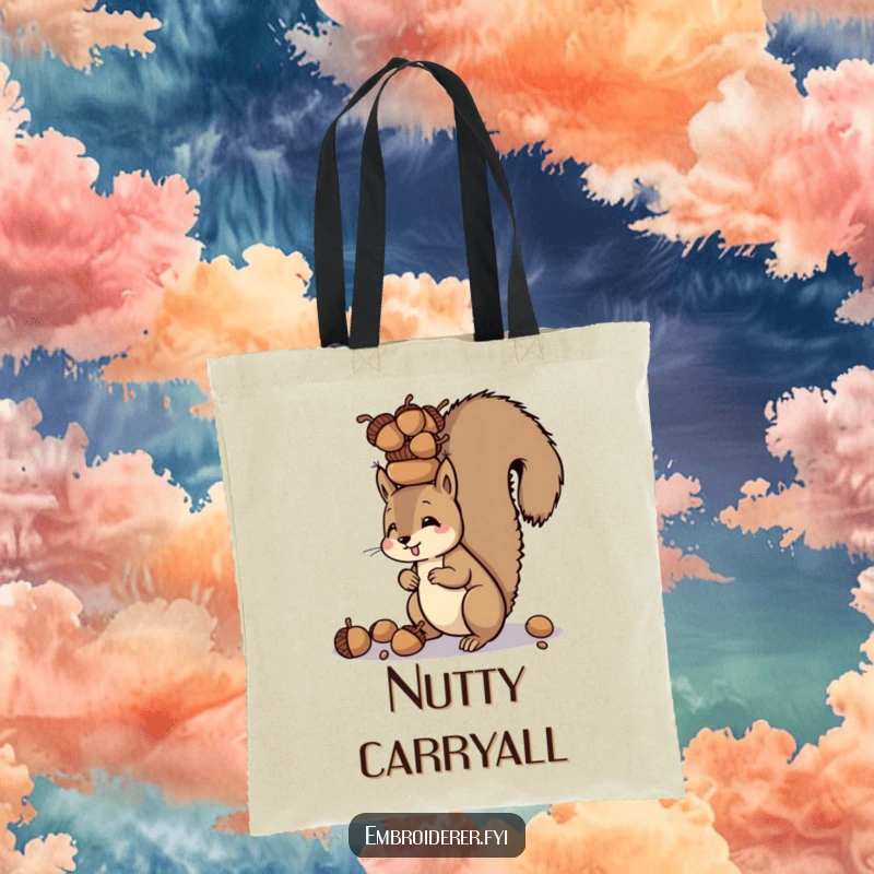Funny tote bag featuring a squirrel balancing a tower of acorns on its head, promoting resourcefulness and nature themes.