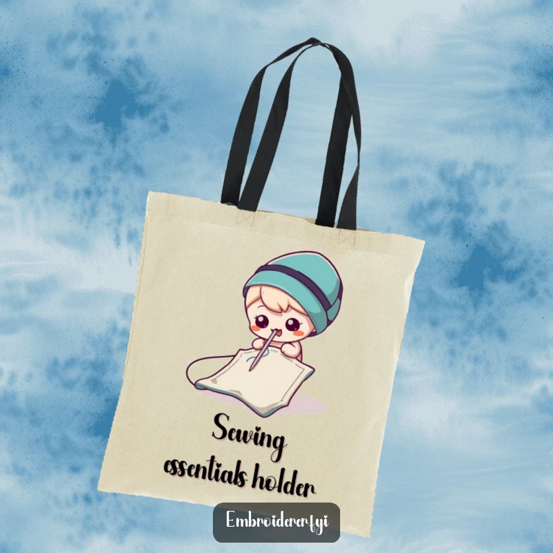 Funny Needle Tote Bag illustrating a small, mischievous needle playfully piercing a piece of fabric, great for sewing supplies.